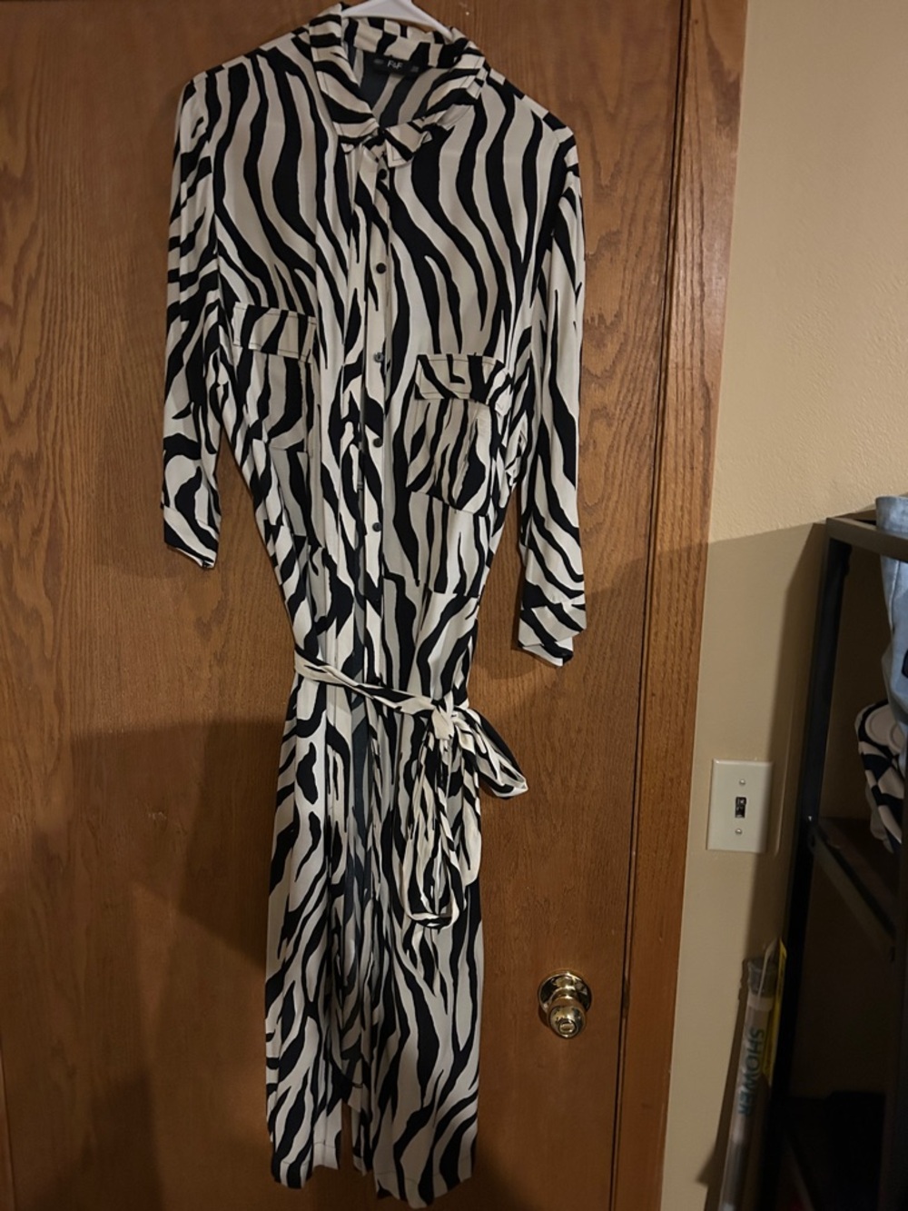 F&F Black and White Zebra Print Long Sleeve Shirt Dress with Waist Tie
